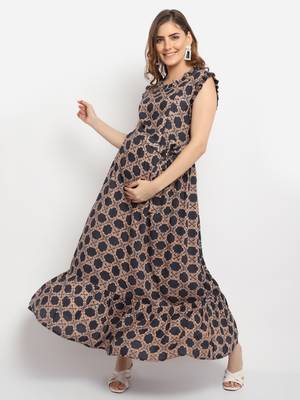 Moms Maternity Women's Maternity Rayon Geometric Print Black Maxi Dress 1