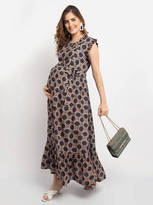 Moms Maternity Women's Maternity Rayon Geometric Print Black Maxi Dress 2