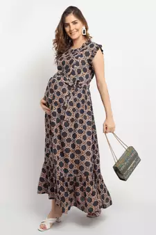Moms Maternity Women's Maternity Rayon Geometric Print Black Maxi Dress
