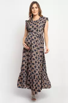 Moms Maternity Women's Maternity Rayon Geometric Print Black Maxi Dress