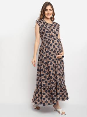 Moms Maternity Women's Maternity Rayon Geometric Print Black Maxi Dress 4