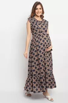 Moms Maternity Women's Maternity Rayon Geometric Print Black Maxi Dress