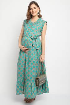 Moms Maternity Women's Maternity Rayon Geometric Print Sea Green Maxi Dress