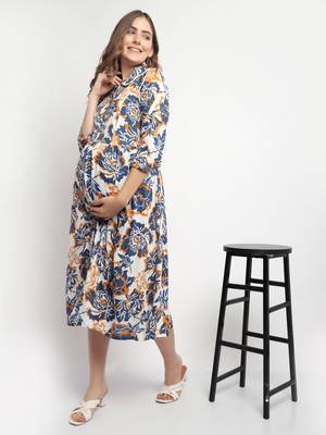 Moms Maternity Women's Maternity Rayon Floral Print Blue Midi Dress 1