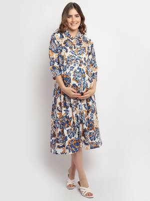 Moms Maternity Women's Maternity Rayon Floral Print Blue Midi Dress 2