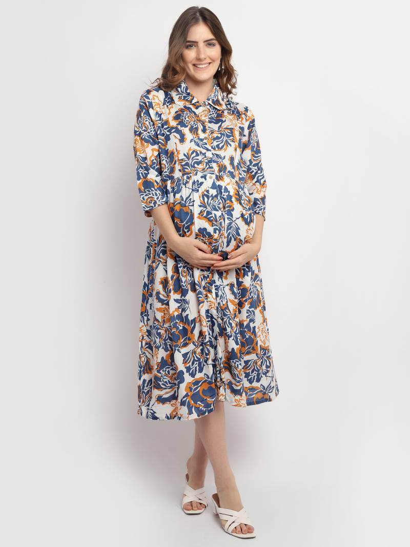 Moms Maternity Women's Maternity Rayon Floral Print Blue Midi Dress