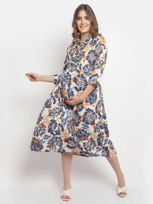 Moms Maternity Women's Maternity Rayon Floral Print Blue Midi Dress 3