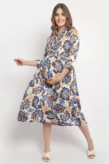 Moms Maternity Women's Maternity Rayon Floral Print Blue Midi Dress