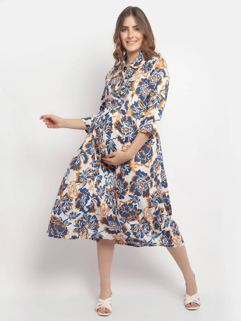 Moms Maternity Women's Maternity Rayon Floral Print Blue Midi Dress