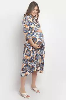 Moms Maternity Women's Maternity Rayon Floral Print Blue Midi Dress