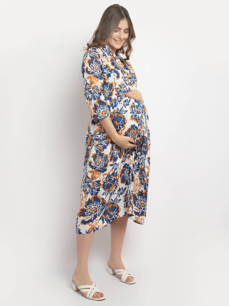Moms Maternity Women's Maternity Rayon Floral Print Blue Midi Dress