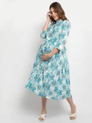 Moms Maternity Women's Maternity Rayon Floral Print Green Midi Dress 1