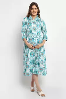 Moms Maternity Women's Maternity Rayon Floral Print Green Midi Dress