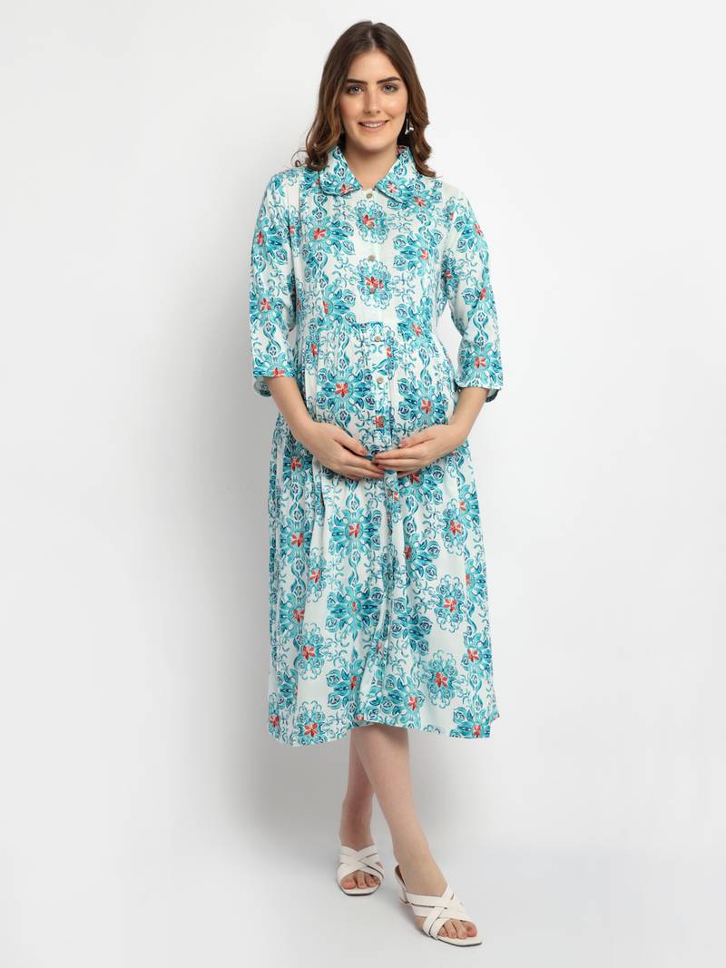Moms Maternity Women's Maternity Rayon Floral Print Green Midi Dress