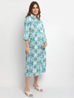 Moms Maternity Women's Maternity Rayon Floral Print Green Midi Dress 3