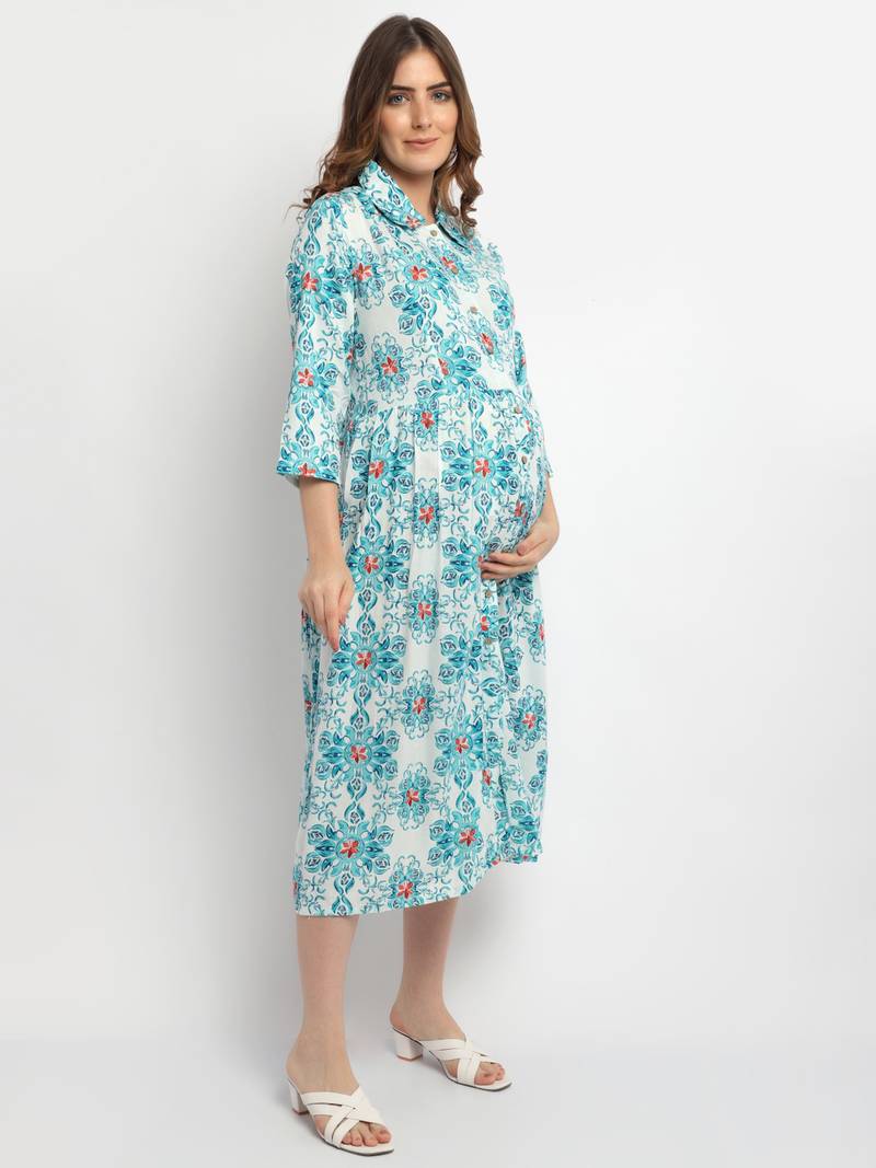 Moms Maternity Women's Maternity Rayon Floral Print Green Midi Dress