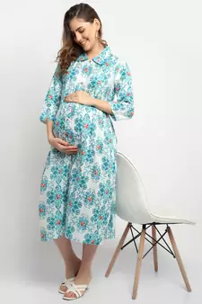Moms Maternity Women's Maternity Rayon Floral Print Green Midi Dress