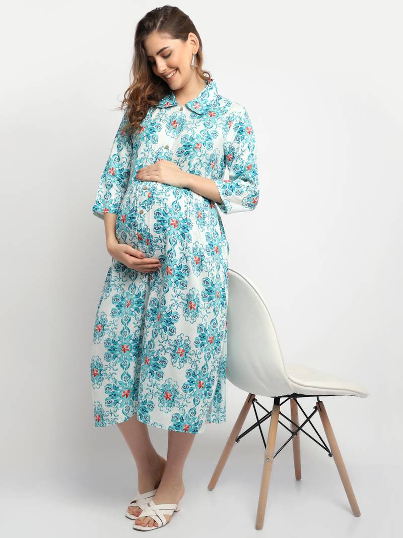 Moms Maternity Women's Maternity Rayon Floral Print Green Midi Dress