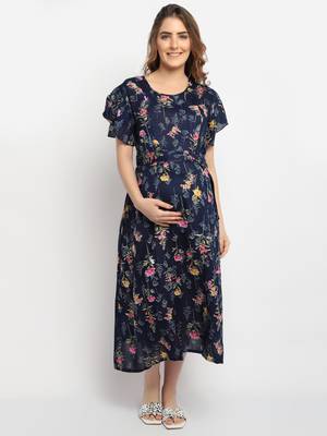 Moms Maternity Women's Maternity Rayon Floral Print Navy Blue Midi Dress 1