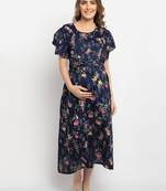 Moms Maternity Women's Maternity Rayon Floral Print Navy Blue Midi Dress