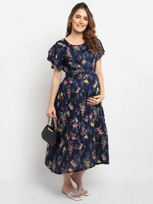 Moms Maternity Women's Maternity Rayon Floral Print Navy Blue Midi Dress 2