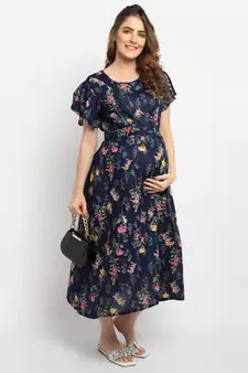 Moms Maternity Women's Maternity Rayon Floral Print Navy Blue Midi Dress