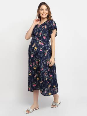 Moms Maternity Women's Maternity Rayon Floral Print Navy Blue Midi Dress 3