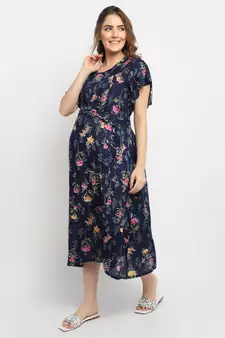 Moms Maternity Women's Maternity Rayon Floral Print Navy Blue Midi Dress
