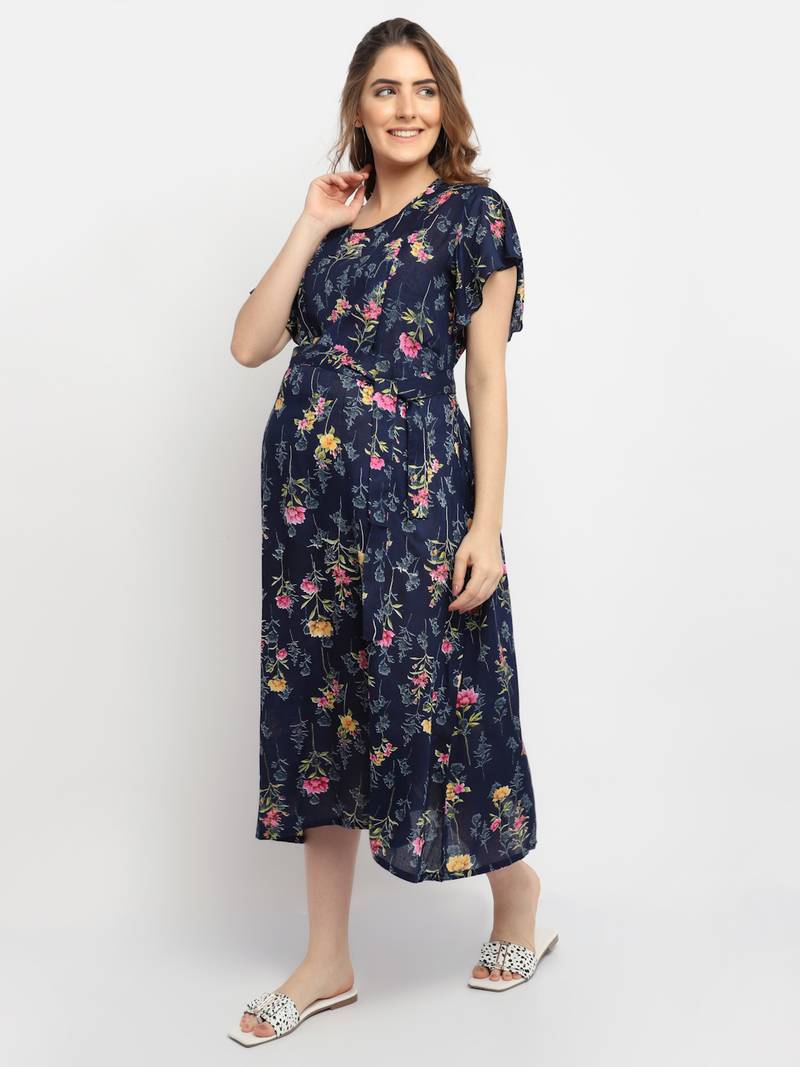 Moms Maternity Women's Maternity Rayon Floral Print Navy Blue Midi Dress
