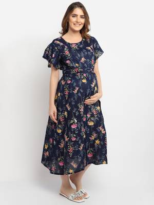 Moms Maternity Women's Maternity Rayon Floral Print Navy Blue Midi Dress 4