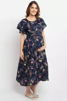 Moms Maternity Women's Maternity Rayon Floral Print Navy Blue Midi Dress
