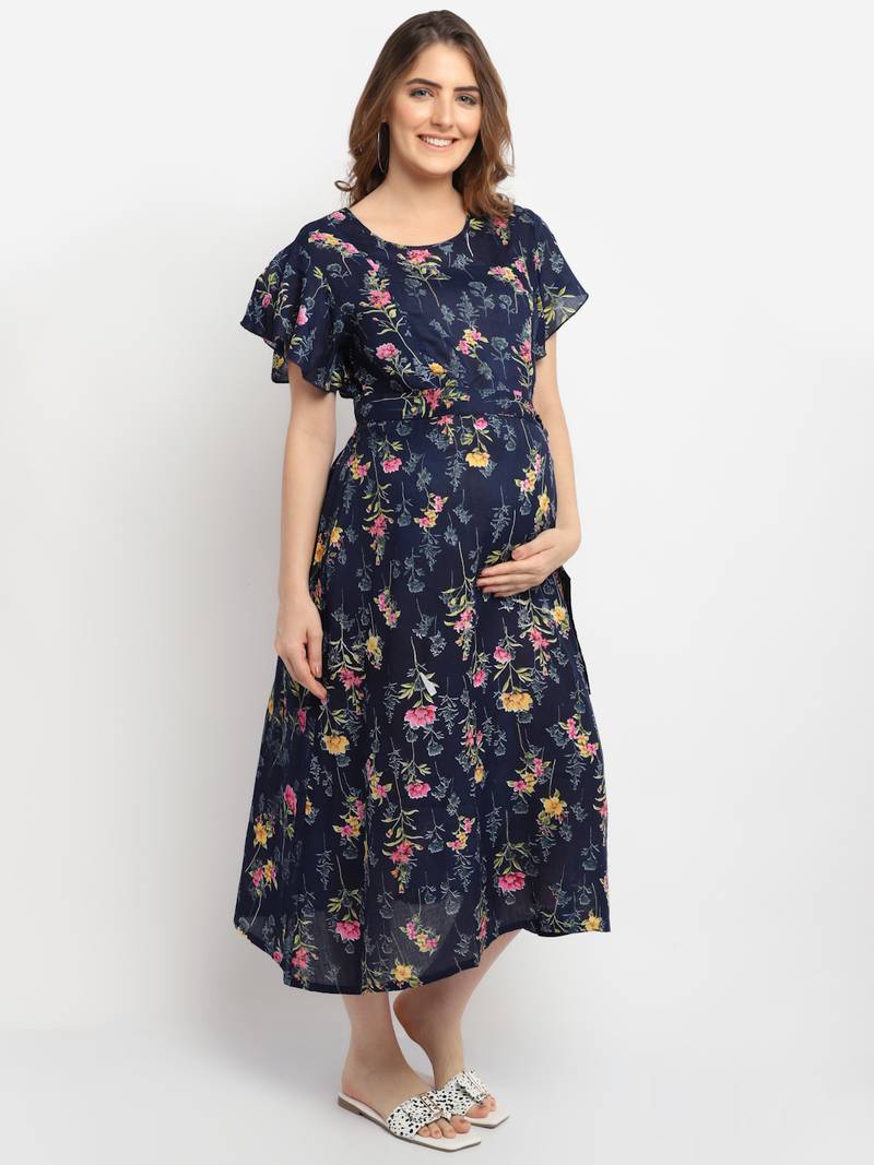 Moms Maternity Women's Maternity Rayon Floral Print Navy Blue Midi Dress