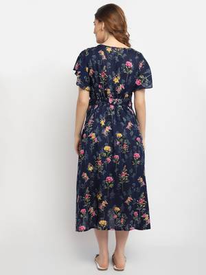Moms Maternity Women's Maternity Rayon Floral Print Navy Blue Midi Dress 5