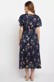 Moms Maternity Women's Maternity Rayon Floral Print Navy Blue Midi Dress