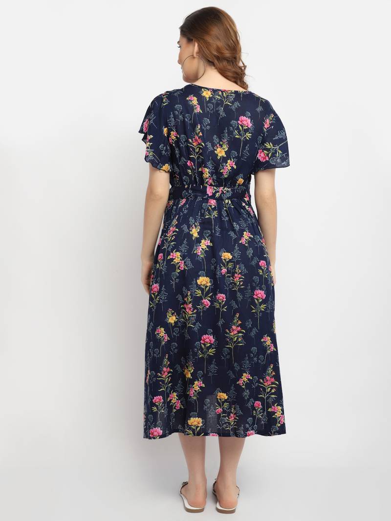 Moms Maternity Women's Maternity Rayon Floral Print Navy Blue Midi Dress