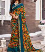 Navy Printed Georgette Saree With Blouse Piece
