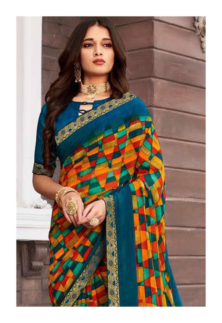 Navy Printed Georgette Saree With Blouse Piece