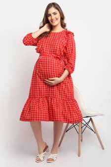 Moms Maternity Women's Maternity Crepe Striped Print Red Midi Dress