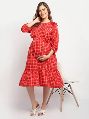 Moms Maternity Women's Maternity Crepe Striped Print Red Midi Dress 1