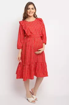Moms Maternity Women's Maternity Crepe Striped Print Red Midi Dress