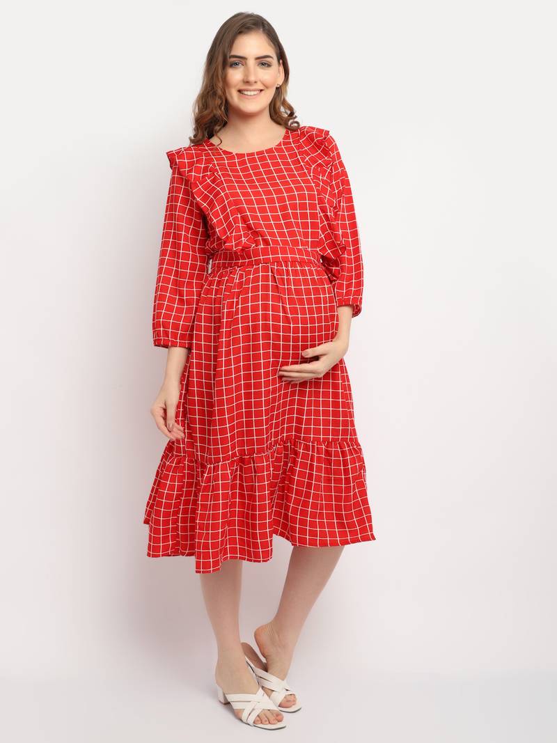 Moms Maternity Women's Maternity Crepe Striped Print Red Midi Dress