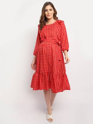 Moms Maternity Women's Maternity Crepe Striped Print Red Midi Dress 3