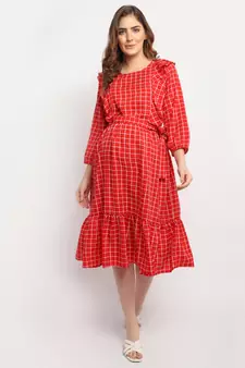 Moms Maternity Women's Maternity Crepe Striped Print Red Midi Dress