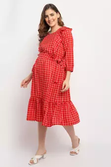 Moms Maternity Women's Maternity Crepe Striped Print Red Midi Dress