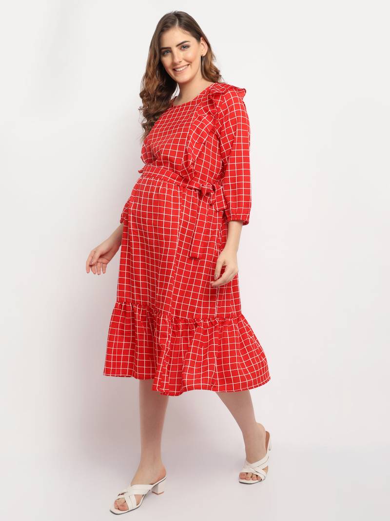 Moms Maternity Women's Maternity Crepe Striped Print Red Midi Dress