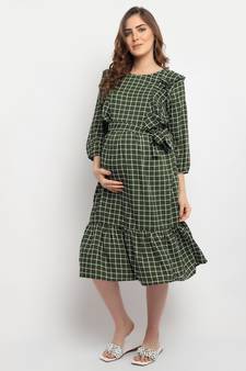Moms Maternity Women's Maternity Crepe Striped Print Olive Midi Dress