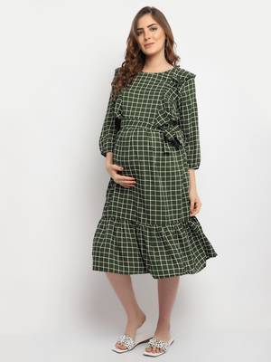 Moms Maternity Women's Maternity Crepe Striped Print Olive Midi Dress 1