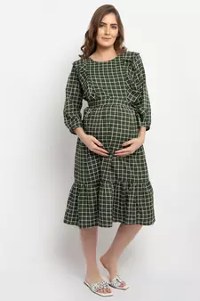 Moms Maternity Women's Maternity Crepe Striped Print Olive Midi Dress