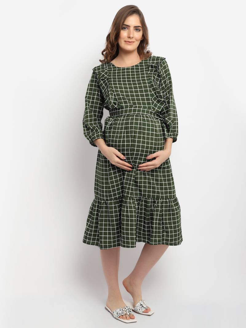 Moms Maternity Women's Maternity Crepe Striped Print Olive Midi Dress