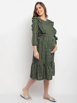 Moms Maternity Women's Maternity Crepe Striped Print Olive Midi Dress 3